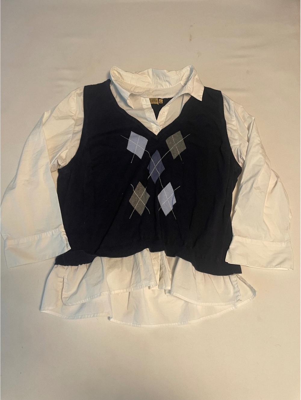 Notations Women's 1X Argyle Pattern Layered Look Sweater Vest with Shirt